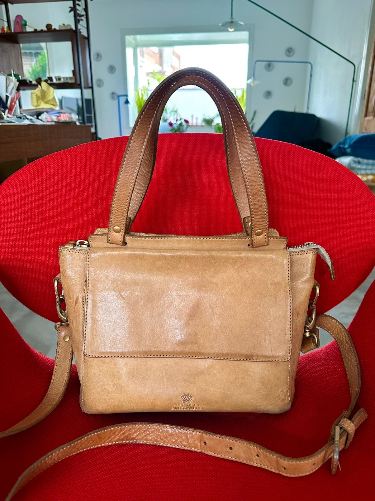 Fred de la Bretoniere Tas Schoudertas Vintage Leer Cognac, Overige merken, Gebruikt, Bruin, Ophalen of Verzenden