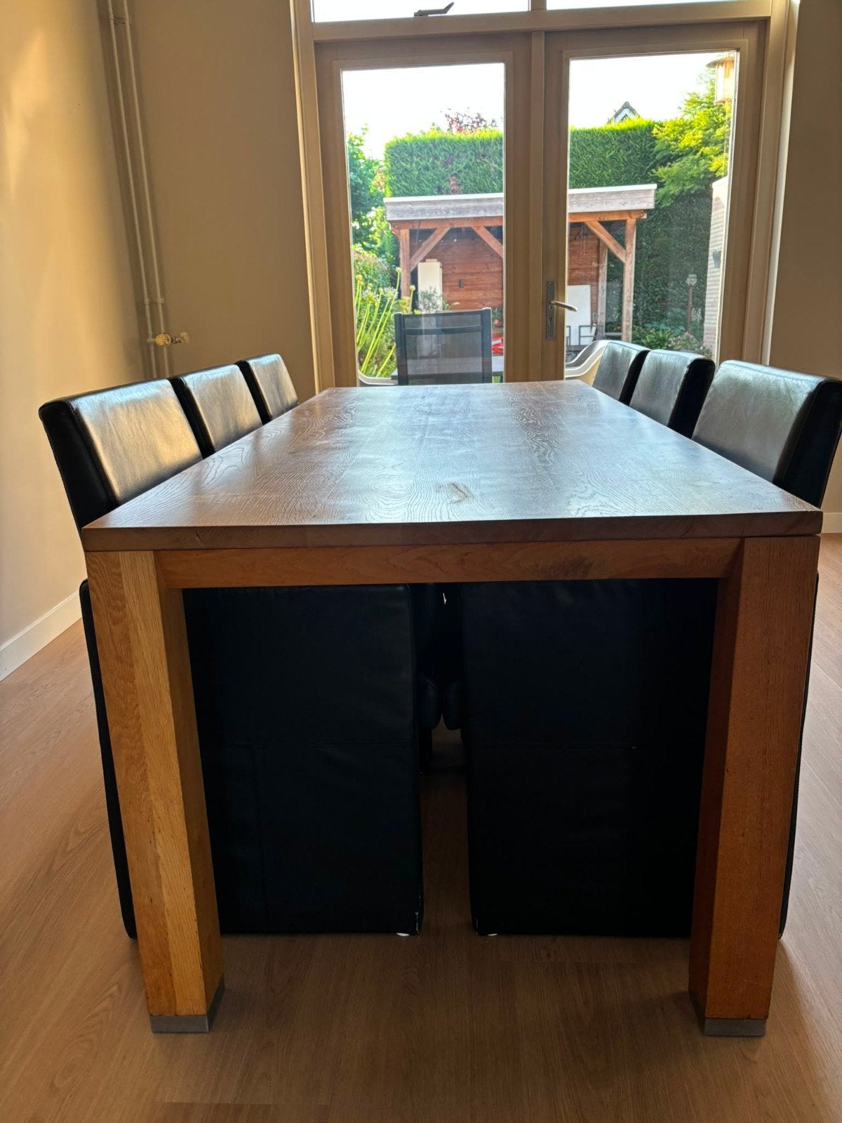 Strakke geoliede eiken eettafel met rvs randjes, Huis en Inrichting, Tafels | Eettafels, Gebruikt, 50 tot 100 cm, 200 cm of meer