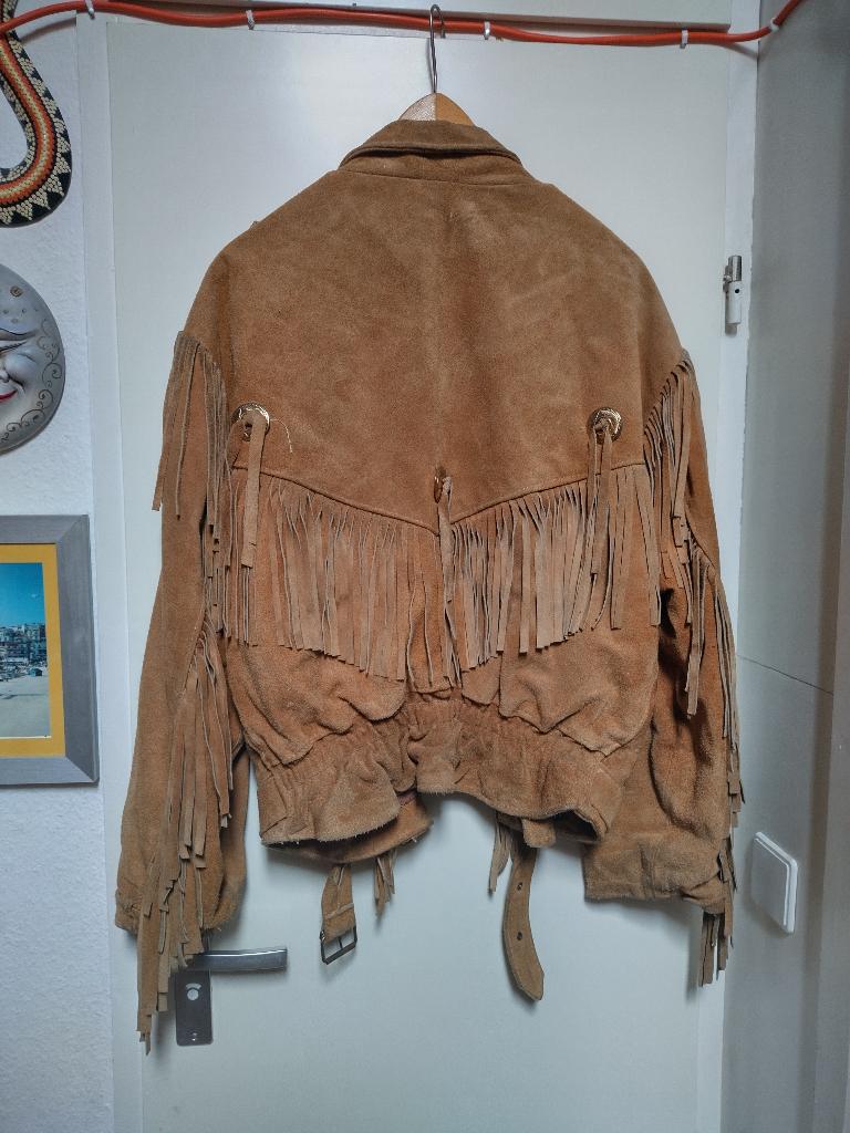 Suede Leren Jas met franjes jaren 70/80, Kleding | Dames, Jassen | Zomer, Ophalen of Verzenden, Gedragen, Maat 46/48 (XL) of groter