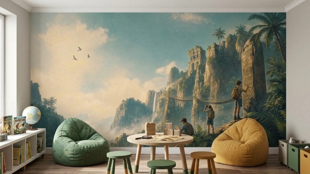 Jungle behang – tropische ruïnes met hangbruggen op maat, Huis en Inrichting, Stoffering | Behang, Overige merken, Modern, Ophalen of Verzenden