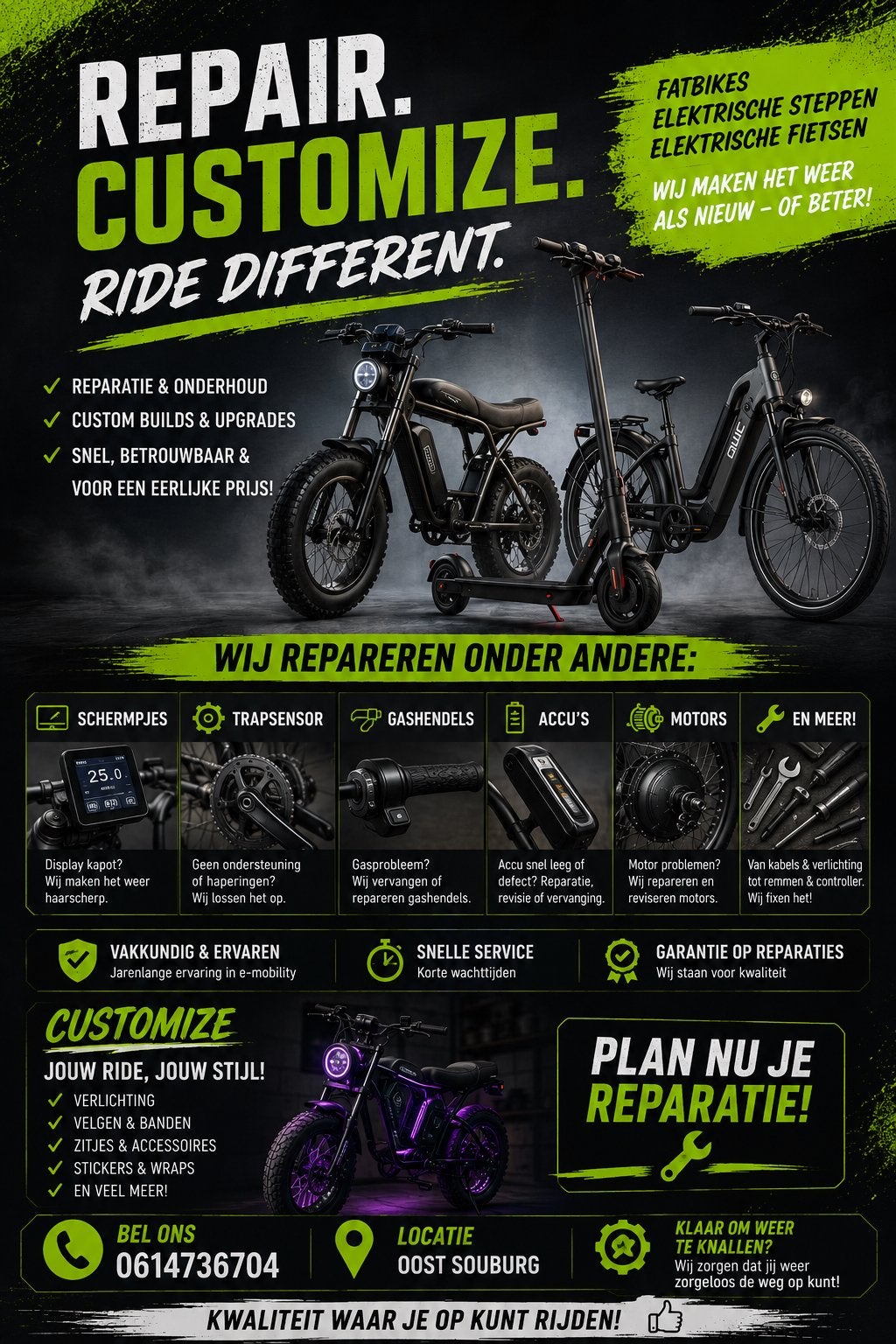 Fatbike, fiets, step reparatie en customization, Eén persoon