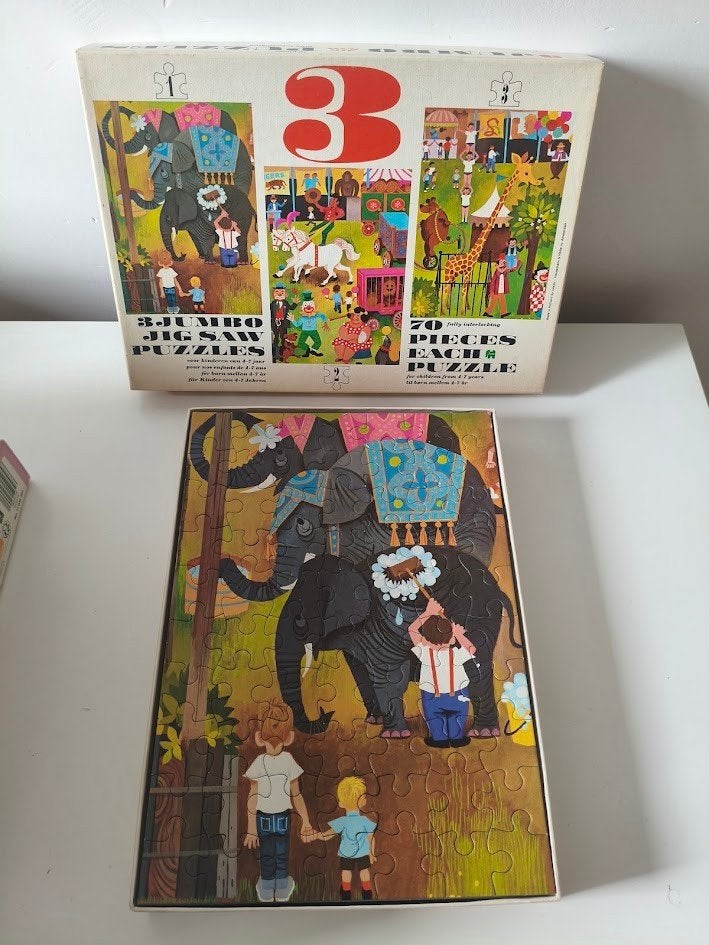 Circus 3 in 1 legpuzzel set jaren 60/70, Ophalen of Verzenden, Minder dan 500 stukjes, Gebruikt