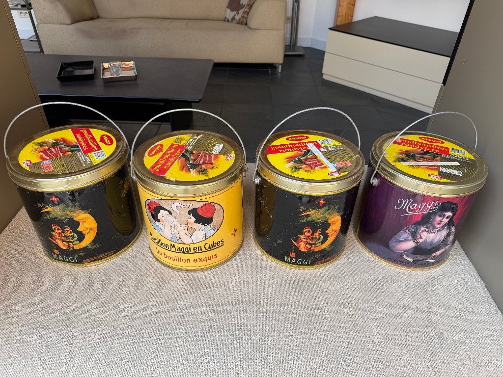 Set van vier vintage Maggi goudbouillon voorraadblikken, Verzamelen, Blikken, Ophalen of Verzenden, Gebruikt, Overige, Overige merken