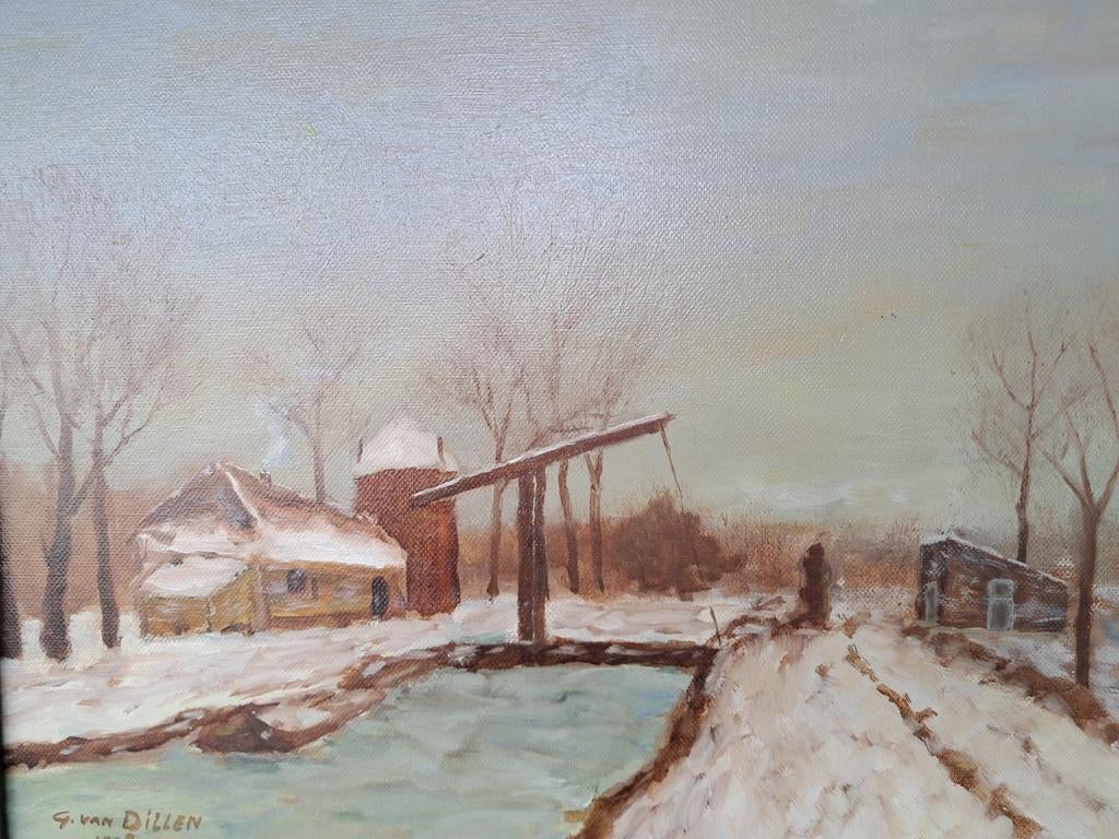 Hollandse school G. Dillen winterlandschap ophaalbrug, Ophalen of Verzenden