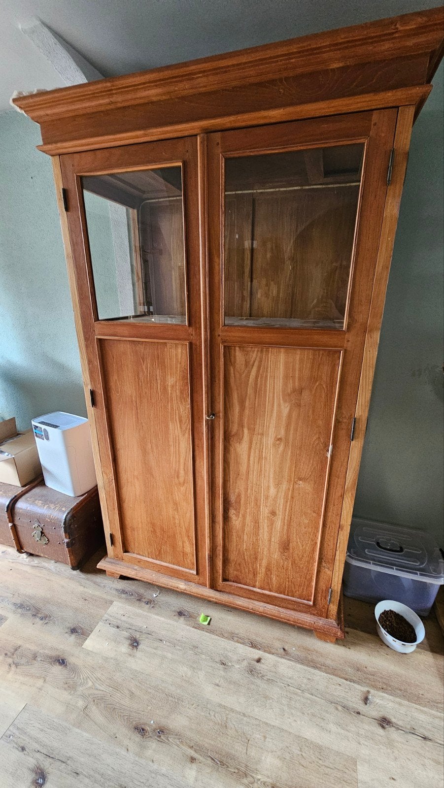 grenen pc kast met vitrinedeel, Antiek en Kunst, Ophalen