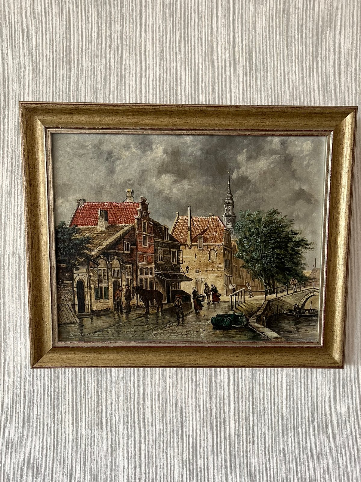 Olieverfschilderij Oud-Hollands stadsgezicht, Antiek en Kunst, Ophalen, Doek, Oud hollands, Bijzondere lijst