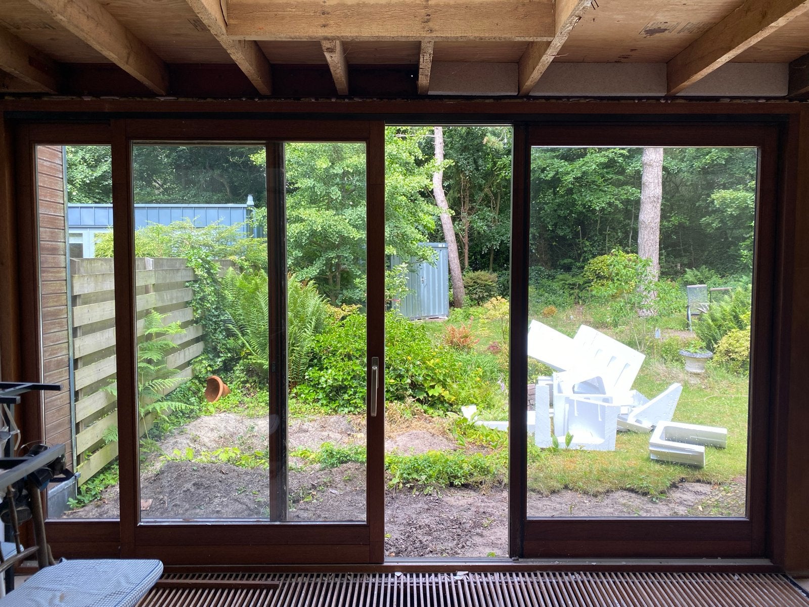 Grote houten schuifpui met dubbel glas, incl deur en ramen, Ophalen, Gebruikt, Buitendeur, Schuifdeur