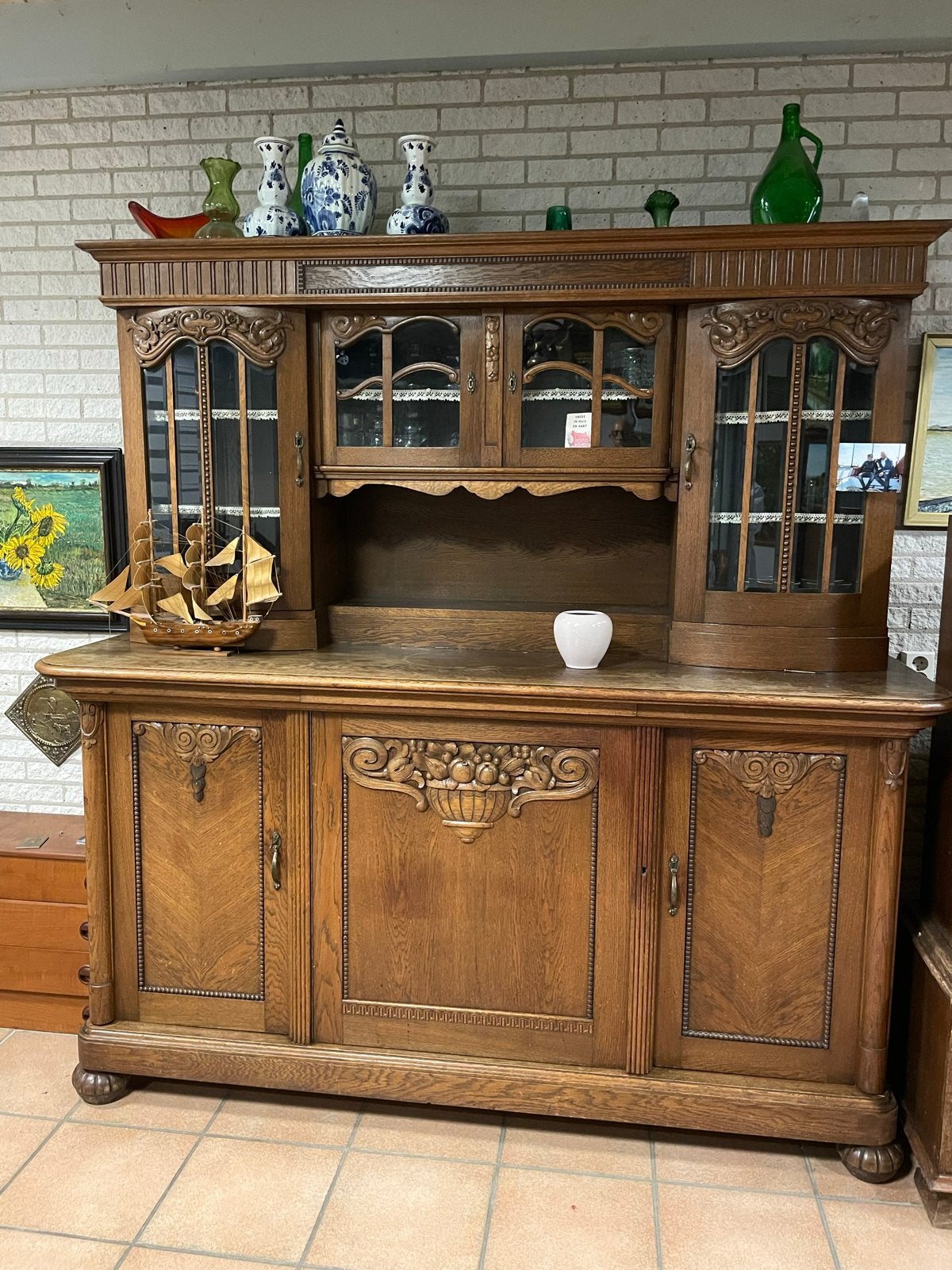 Antiek Eiken Dressoir met Vitrinekasten, Antiek en Kunst, Ophalen
