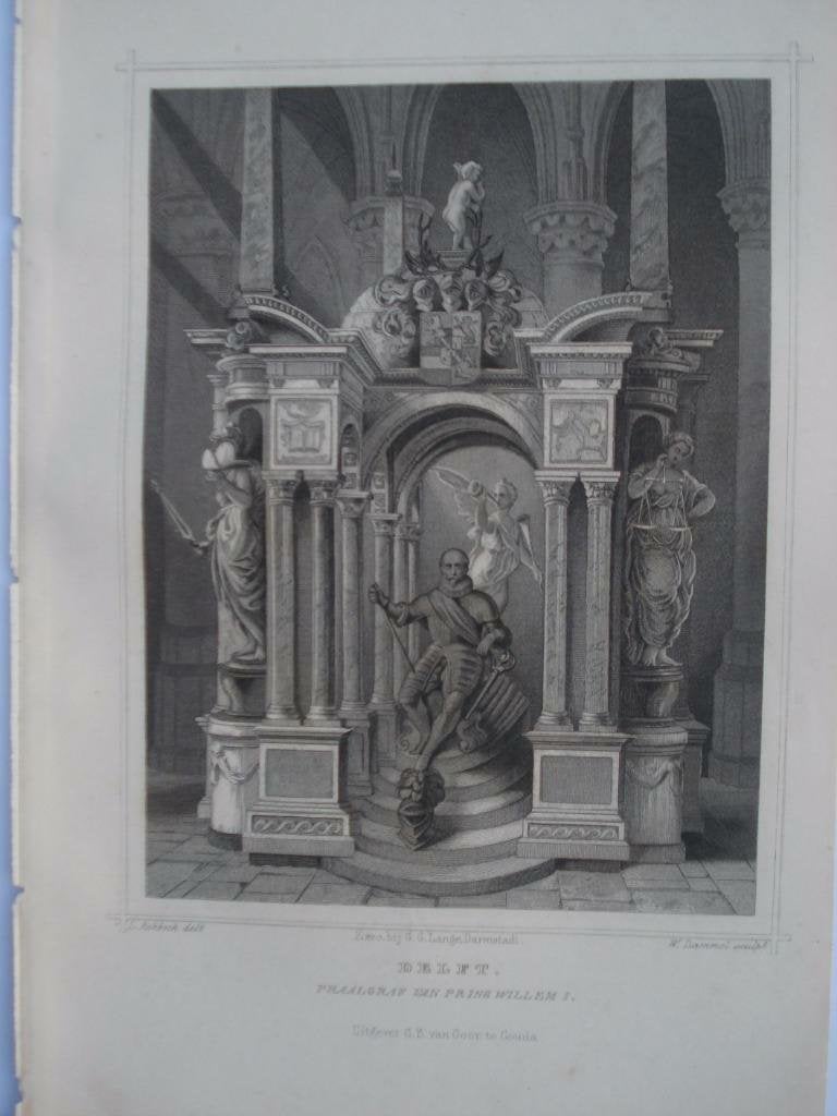061/ Delft praalgraf Prins Willem I Staalgravure 1860, Antiek en Kunst, Kunst | Etsen en Gravures, Ophalen of Verzenden