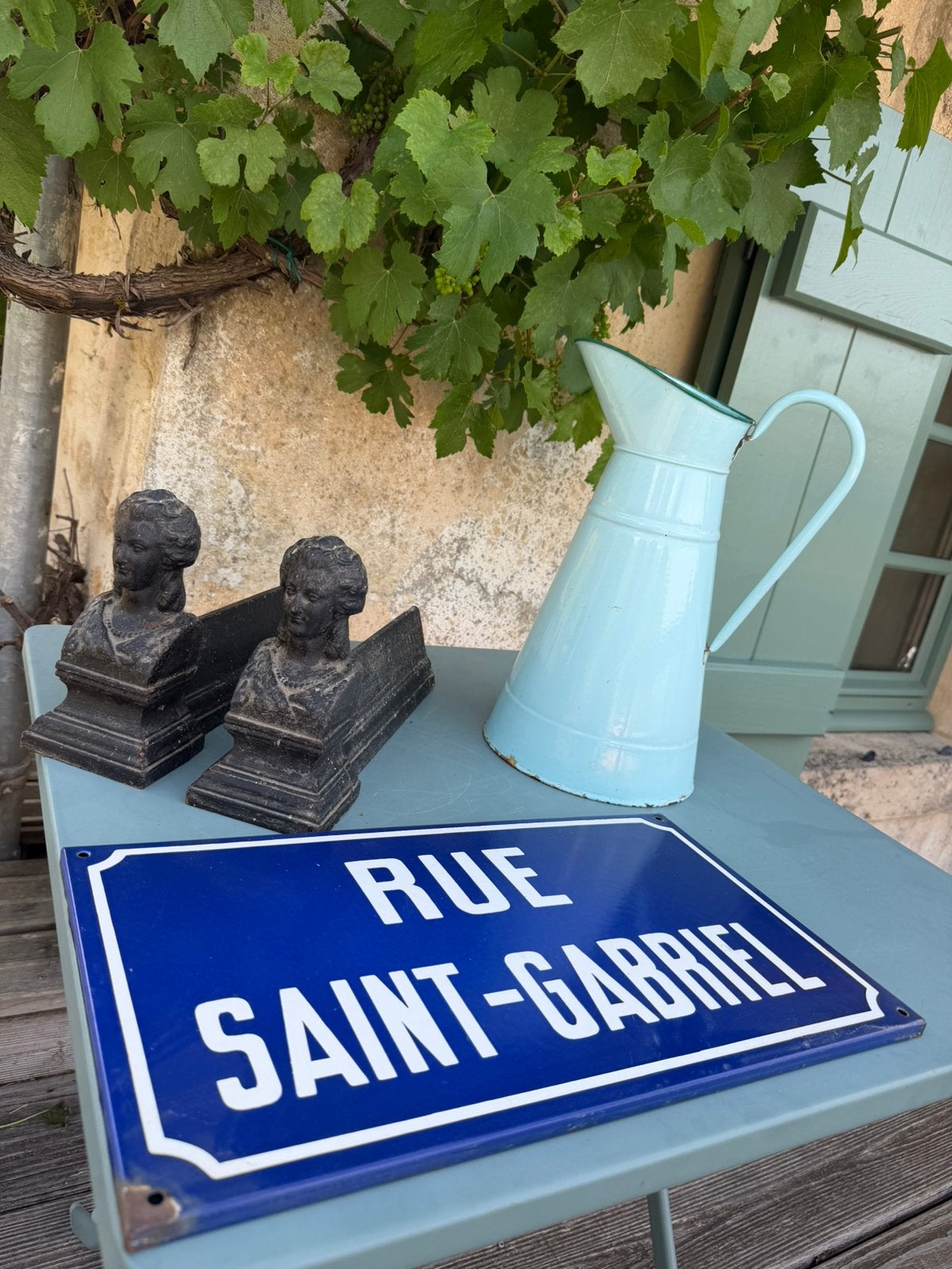 Brocant Franse haardbokken emaille kan en emaille straatbord, Ophalen of Verzenden