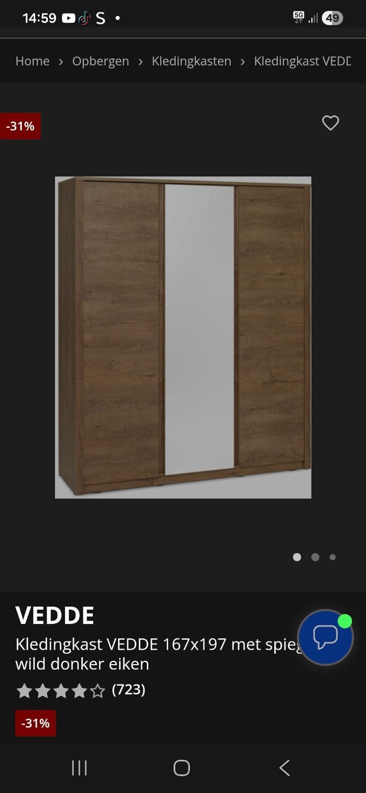 Kledingkast VEDDE 167x197 met spiegel, wild donker eiken, Met deur(en), 150 tot 200 cm, Ophalen of Verzenden, Zo goed als nieuw