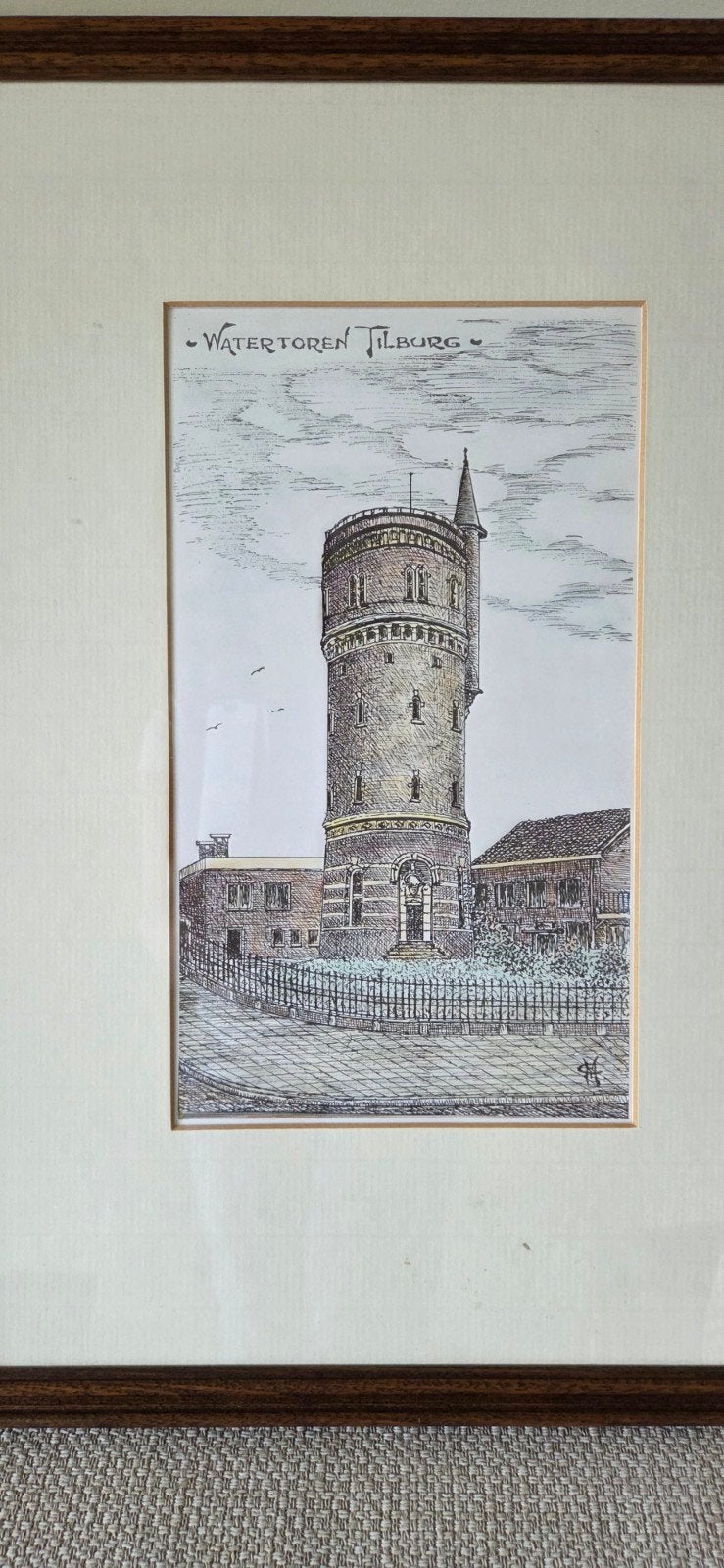 Water toren Tilburg - Ets, Handgekleurd, Gesigneerd, Handgekleurd, Architectuur, Ophalen of Verzenden, 1950 - 1999