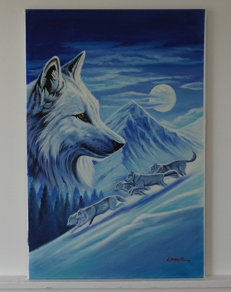 Modern Schilderij van Wolven in de Sneeuw, Acrylverf op Doek, Ophalen