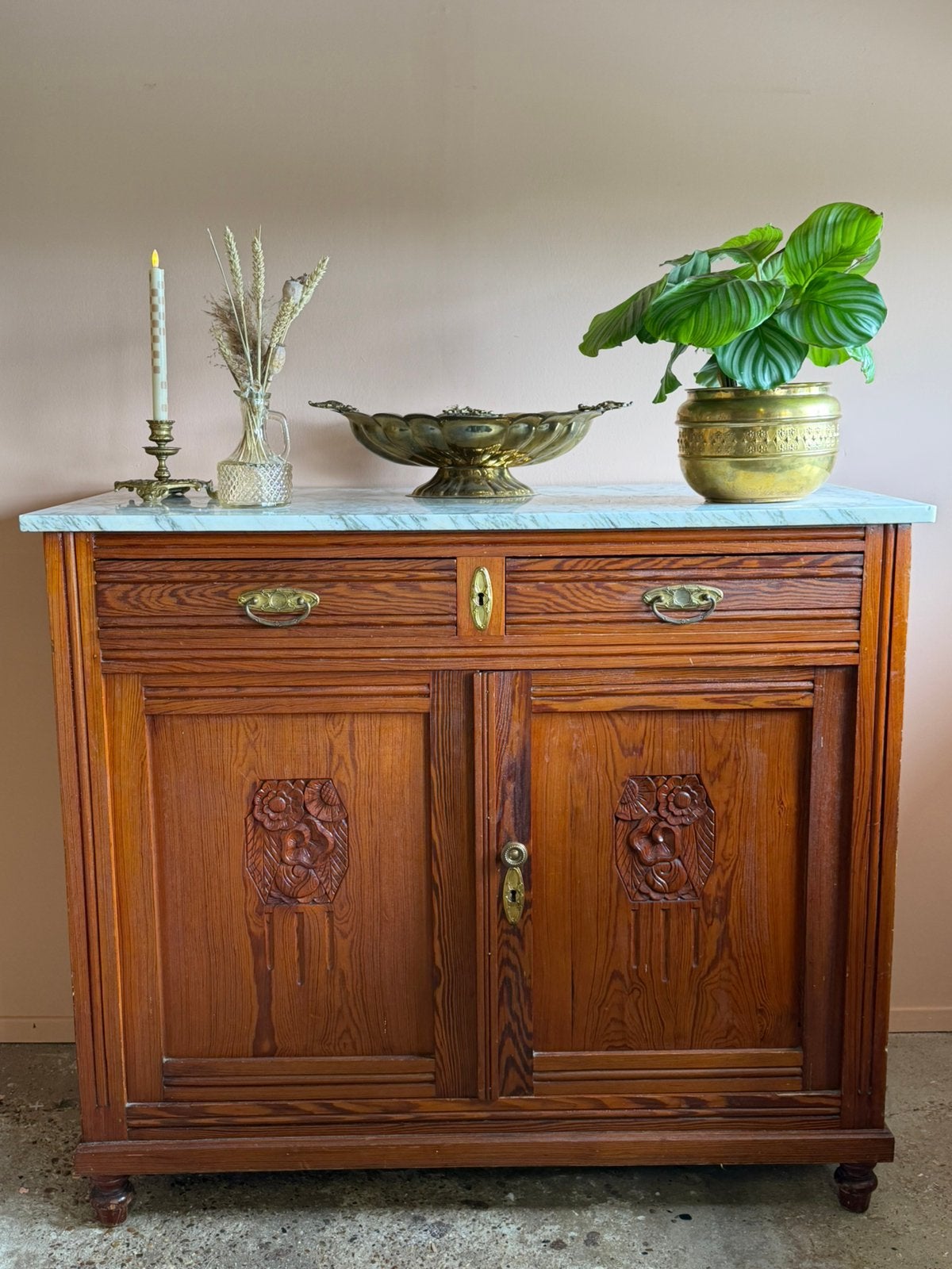 Vintage houten commode met wit marmeren blad| 95 cm hoog, Ophalen, Gebruikt