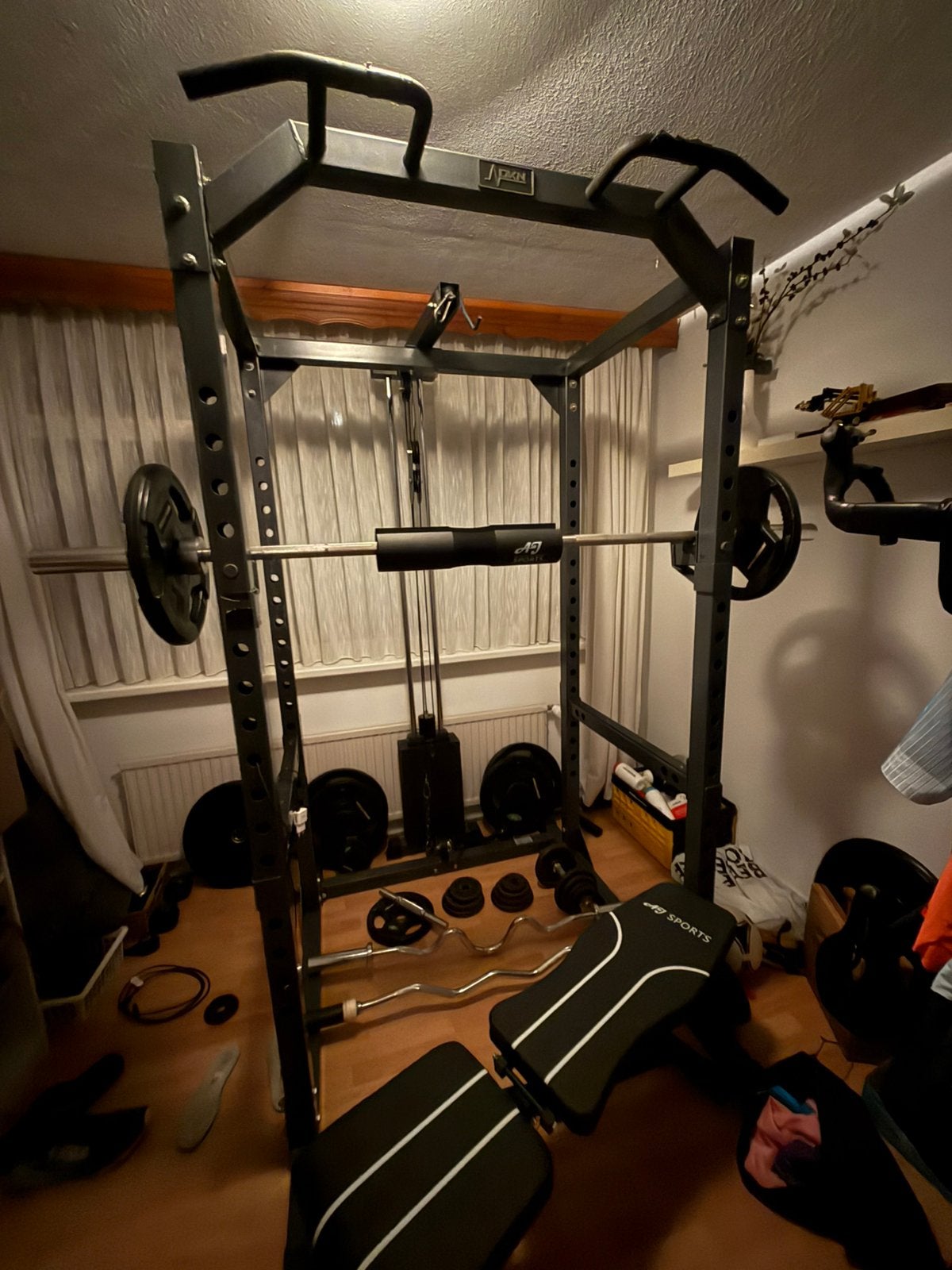 Powerrack met alle benodigdheden, Ophalen, Gebruikt, Fitnessbank