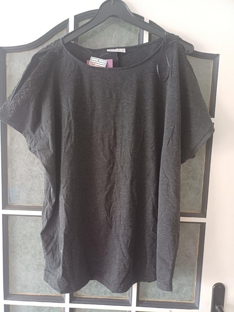 Donkergrijs shirt met open mouwtjes, maat XL, Kleding | Dames, T-shirts, Maat 46/48 (XL) of groter, Nieuw, Ophalen of Verzenden
