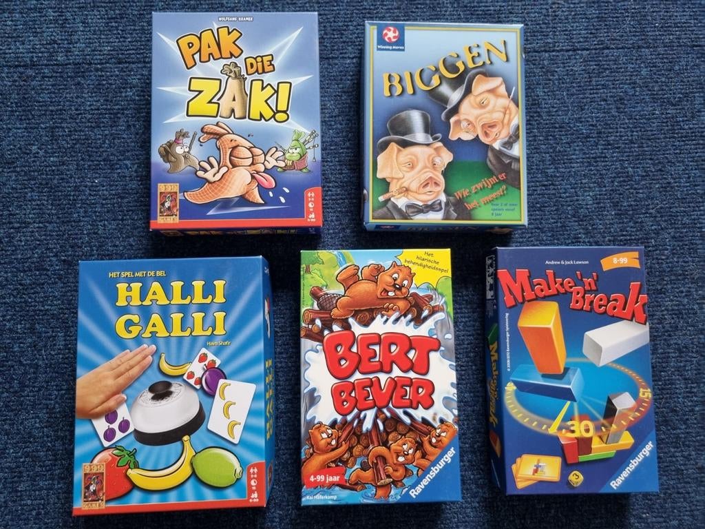 Gezelschapsspellen: Halli Galli, Bert Bever, Pak die, Vijf spelers of meer, Ophalen, Gebruikt, Ravensburger, Amigo, 999 Games