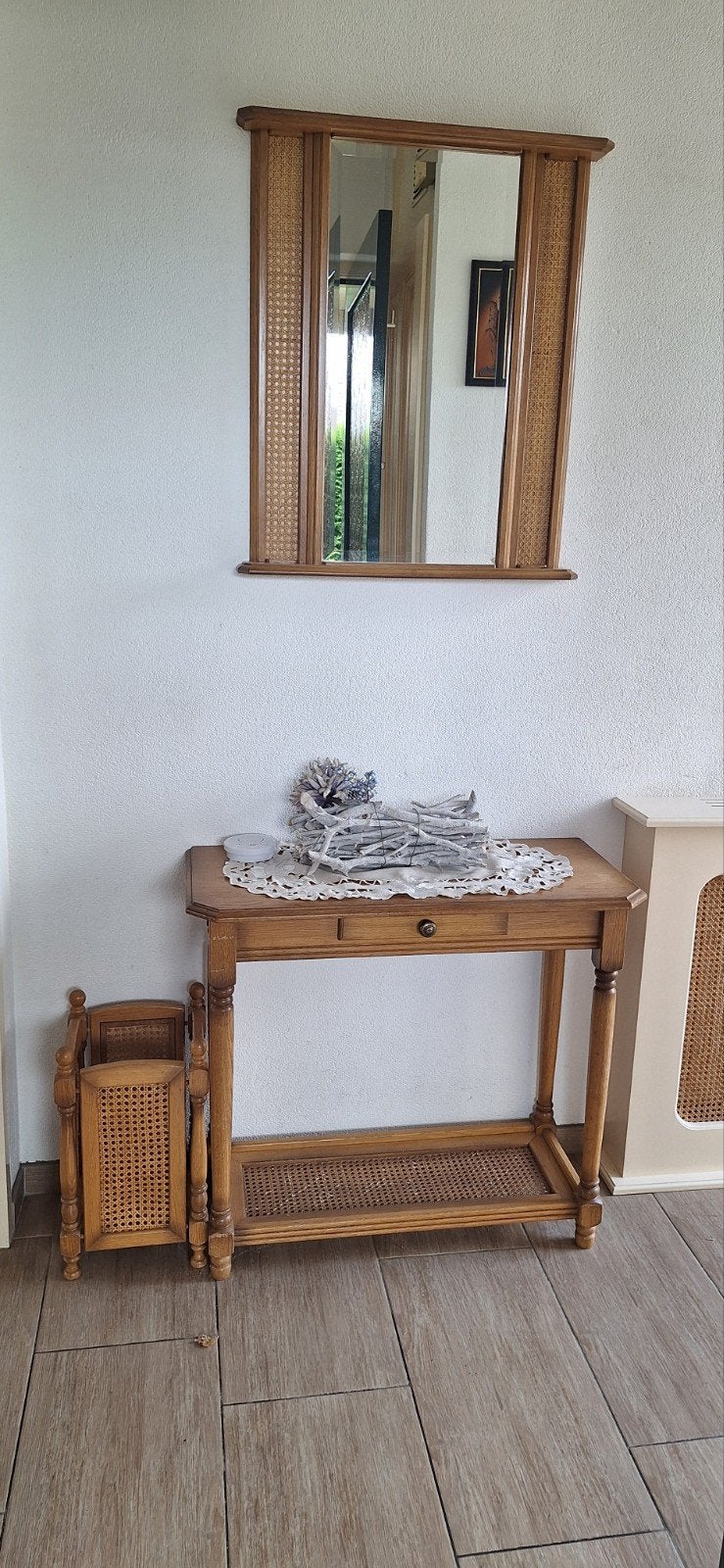 Hal tafeltje met spiegel - Rotan / Hout, Ophalen, Gebruikt, 100 tot 150 cm, 75 tot 100 cm