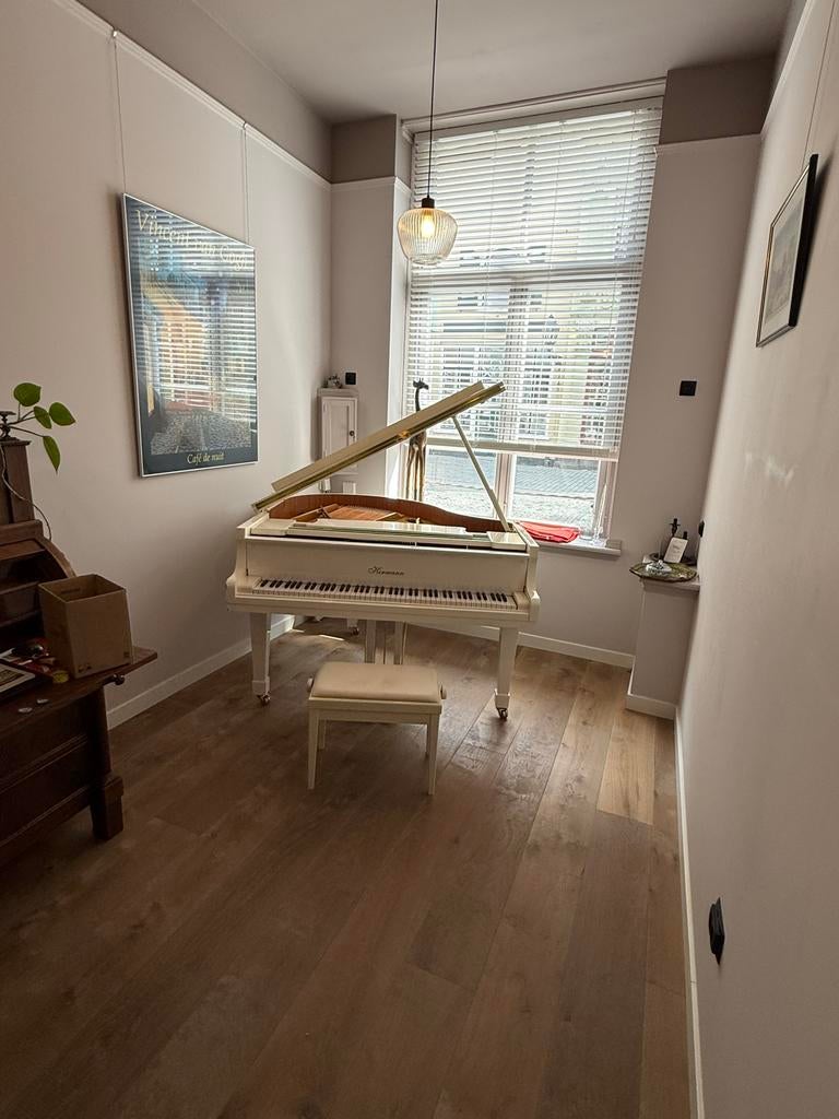 Witte vleugel piano Hermann - Technisch in nette staat, Muziek en Instrumenten, Piano's, Gebruikt, Vleugel, Wit, Hoogglans, Ophalen of Verzenden