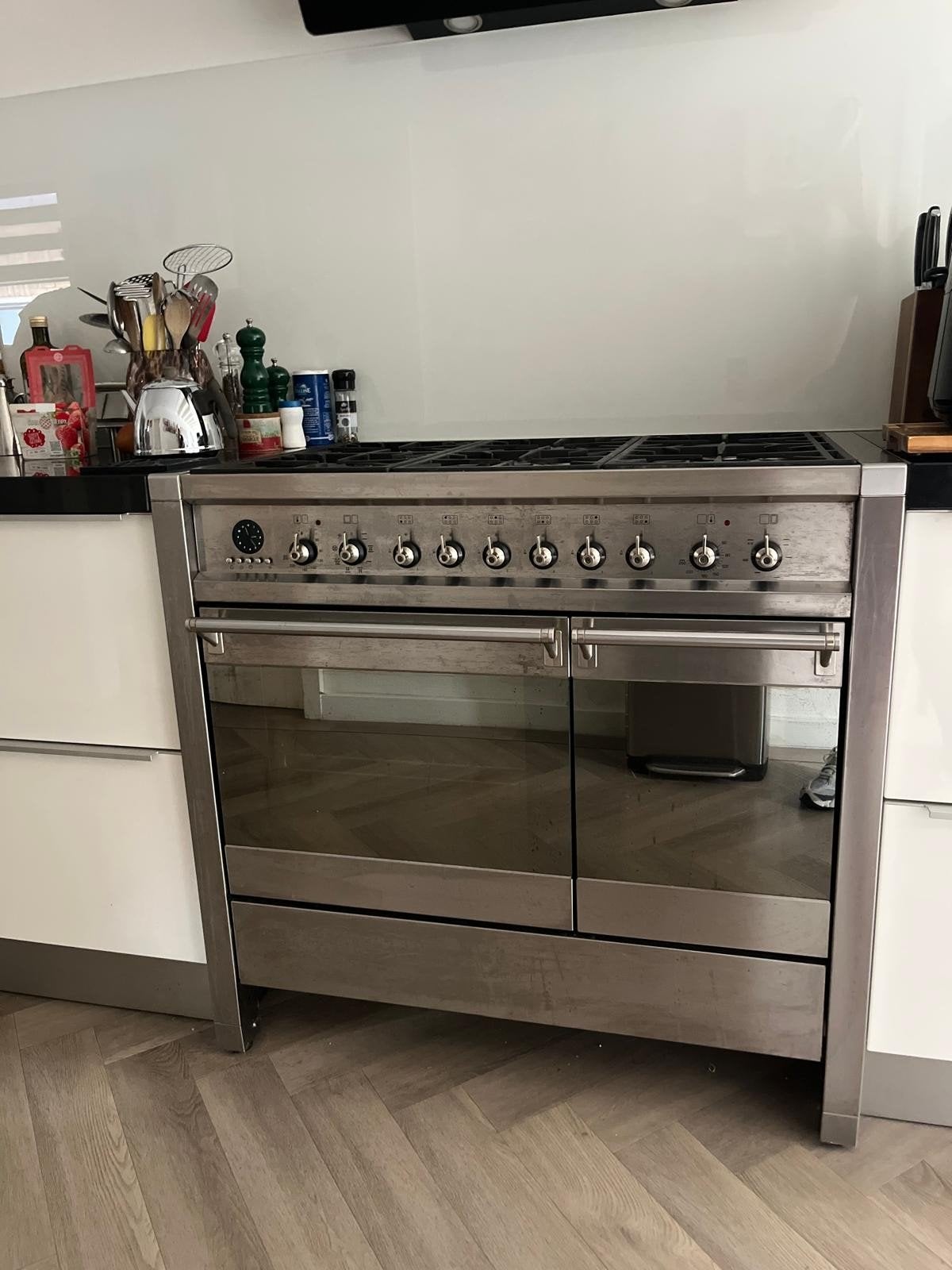 Vrijstaand gasfornuis met dubbele oven, Witgoed en Apparatuur, Fornuizen, Gebruikt, Hete lucht, 60 cm of meer, Ophalen of Verzenden