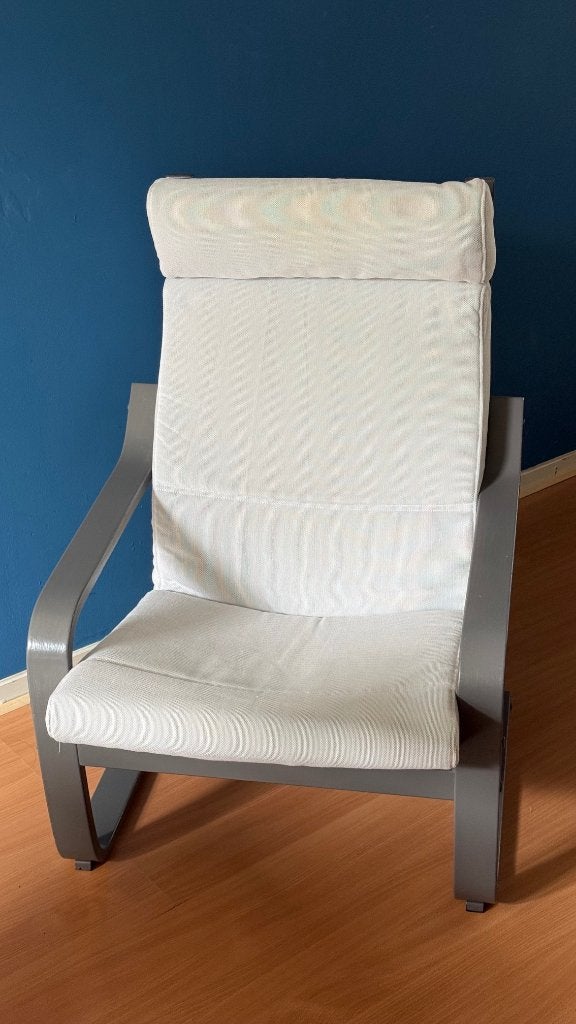 IKEA POÄNG Fauteuil | Donkergrijs/Wit, Huis en Inrichting, Fauteuils, Ophalen, 75 tot 100 cm, Zo goed als nieuw, 50 tot 75 cm