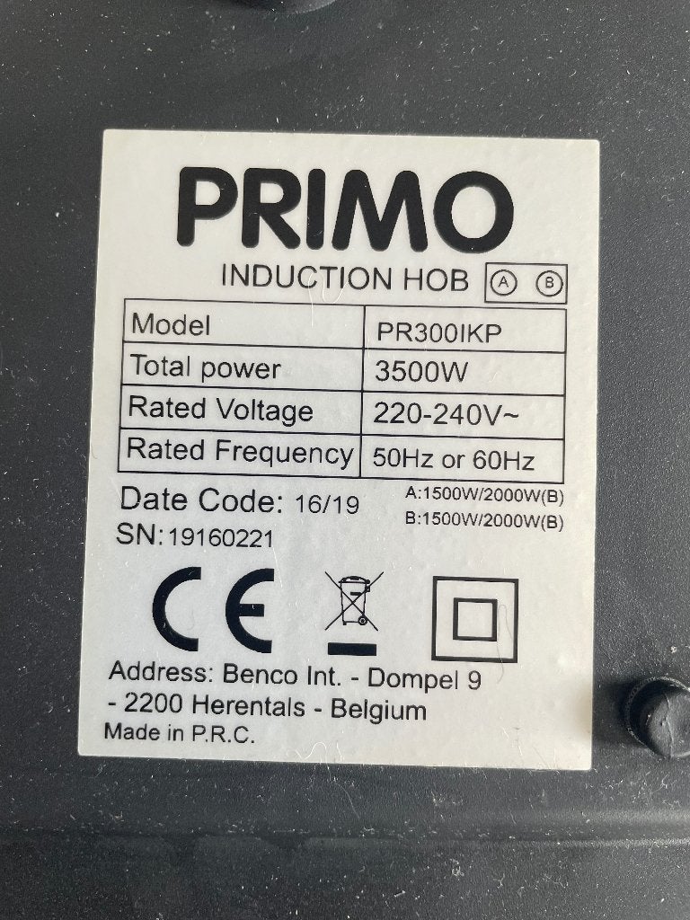 PRIMO Inductiekookplaat – 2 kookzones – PR300IKP, Witgoed en Apparatuur, Kookplaten, Ophalen, Gebruikt, 3 kookzones of minder