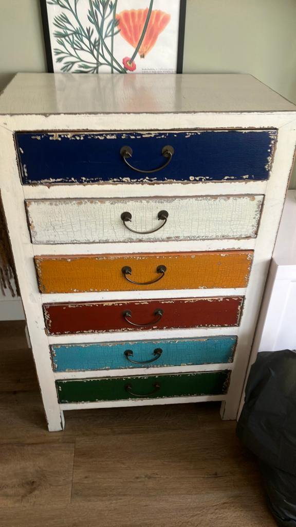 Vintage ladekastje met 6 kleurrijke laden, Huis en Inrichting, Kasten | Ladekasten, Ophalen, Minder dan 50 cm, Gebruikt, 5 laden of meer