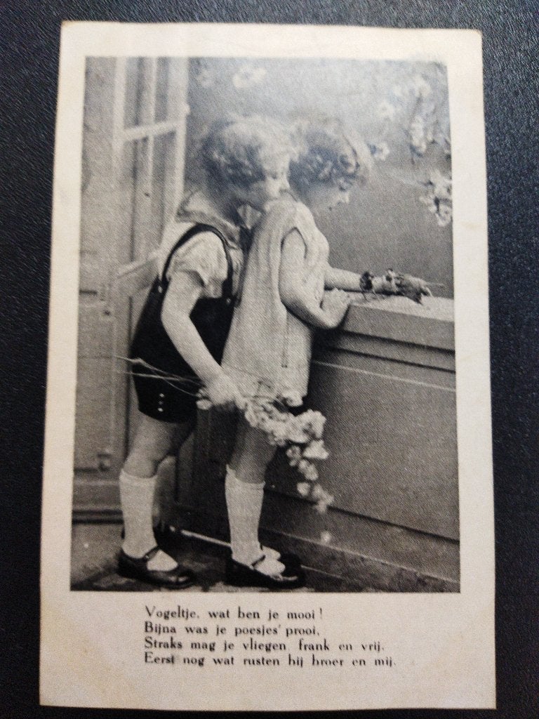 Vintage ansichtkaart meisjes bij vensterbank met vogeltjes, Ophalen of Verzenden, 1940 tot 1960, Gelopen, Kinderen