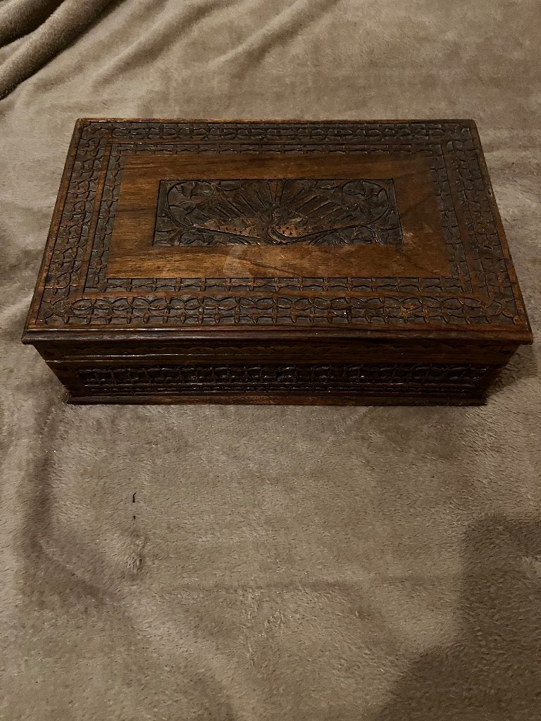Antiek houten schrijfkistje – handgesneden decoraties, Ophalen of Verzenden
