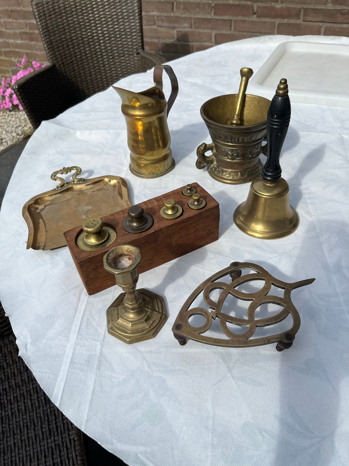 Antieke Messing Collectie: Bel, Vijzel, Kandelaar en meer, Antiek en Kunst, Ophalen