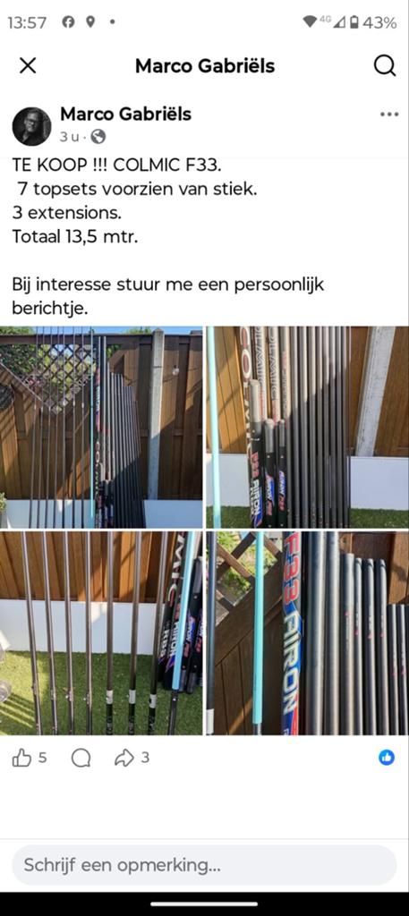 COLMIC F33 13,5 mtr, Watersport en Boten, Ophalen of Verzenden, Vaste hengel