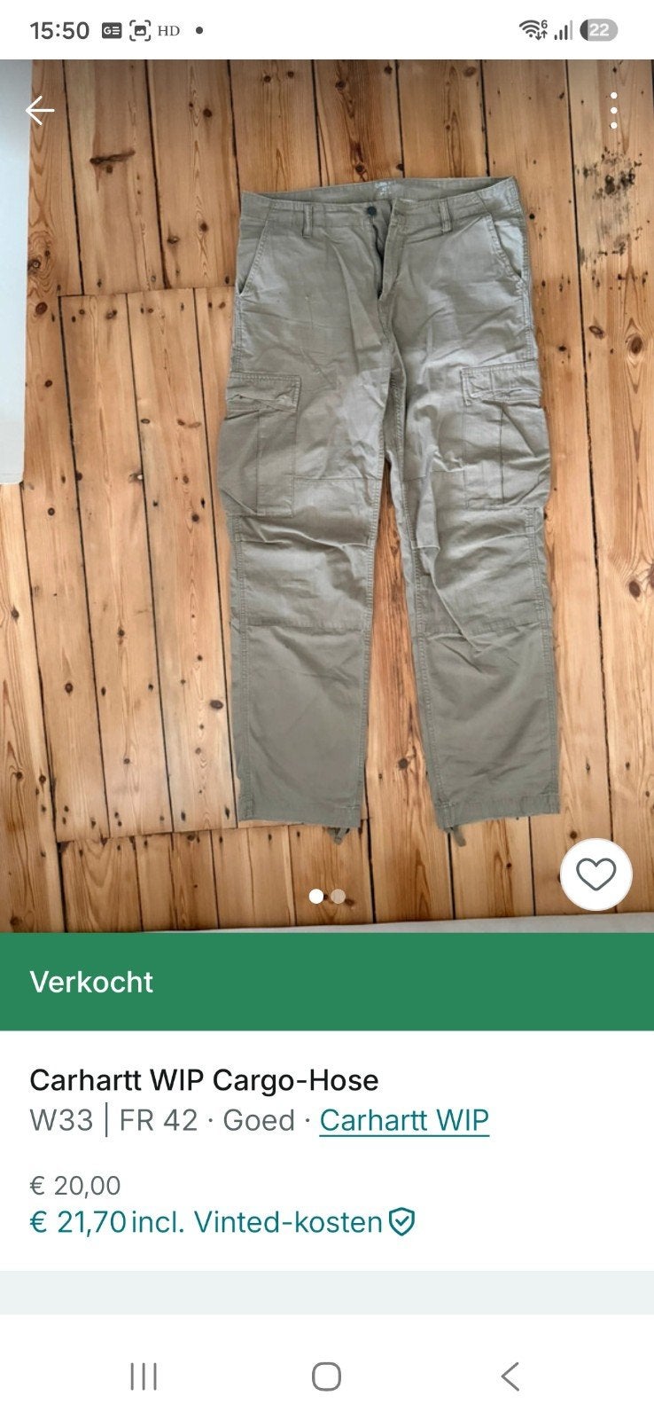 Carhartt WIP Cargo Broek - Maat 33/34, Beige, Overige maten, Ophalen of Verzenden, Gedragen