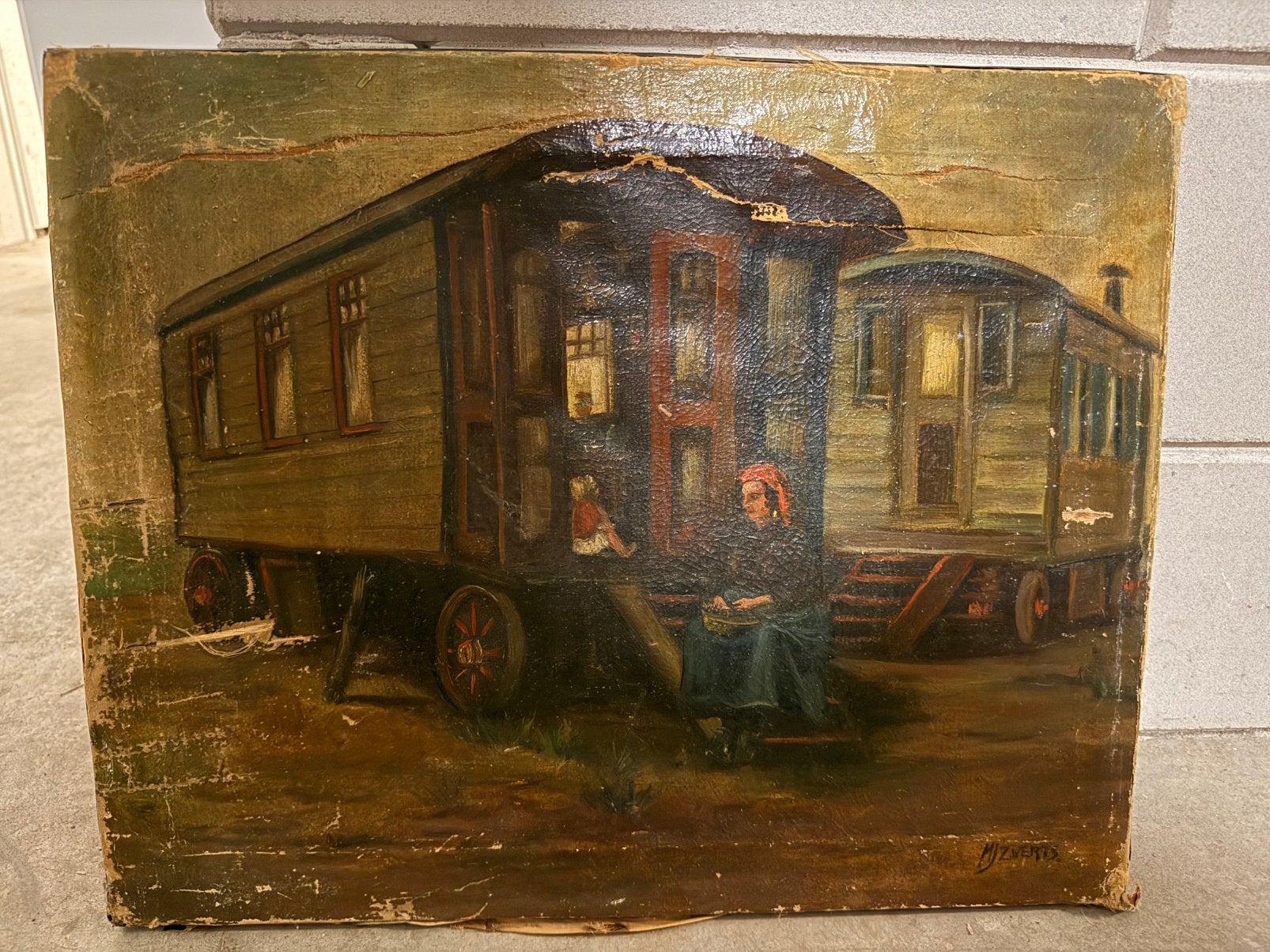 Antiek/Oud Olieverfschilderij Woonwagens Zigeuner reizigers, Antiek en Kunst, Kunst | Schilderijen | Klassiek, Ophalen, Gedateerd