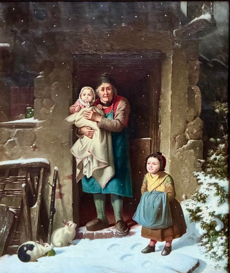 “Opoe en kinderen in de sneeuw”George F Bischoff (1819-1873), Antiek en Kunst, Kunst | Schilderijen | Klassiek, Ophalen