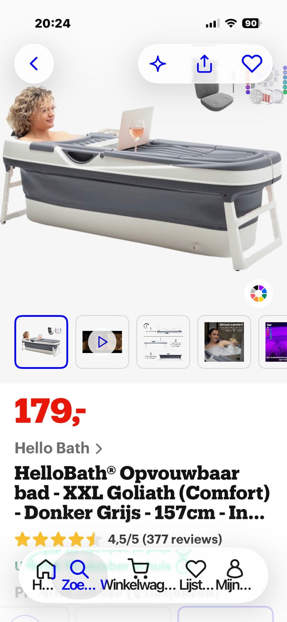 Inklapbaar Ligbad XXL Goliath met Verlichting - Donker Grijs, Ophalen, Nieuw, Bad