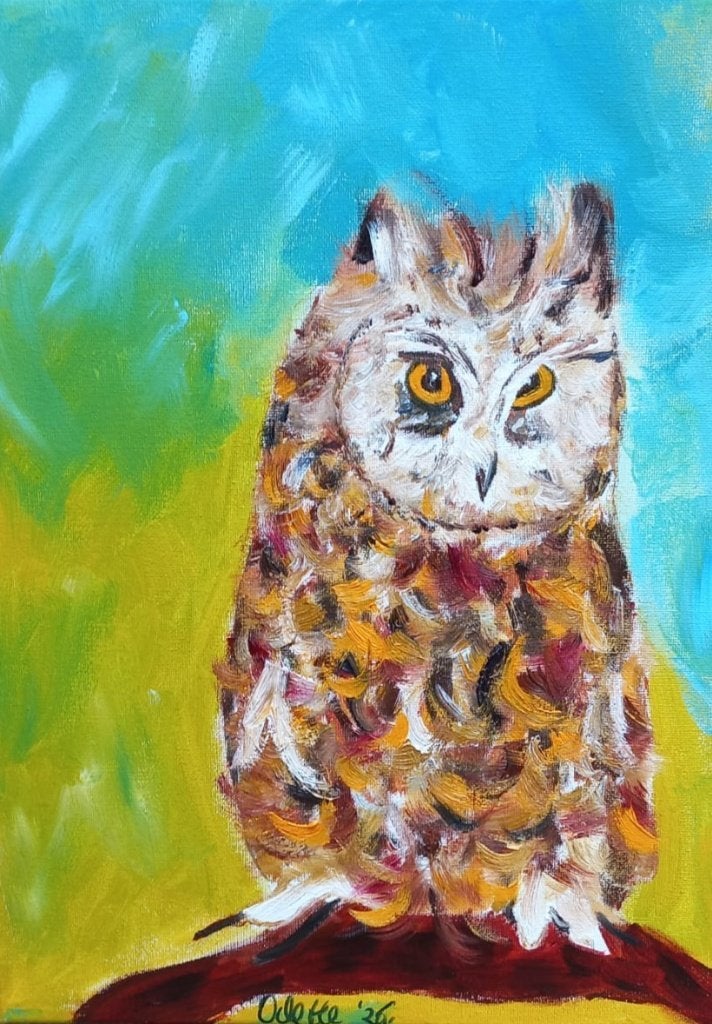 Olieverf schilderij met uil, Minder dan 50 cm, Nieuw, Ophalen of Verzenden, Schilderij