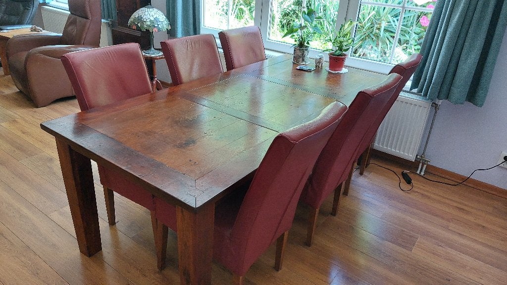 6 lederen rood stoelen, kunnen nog jaren mee. MAG PER 4 OOK, Ophalen, Gebruikt, Vier, Leer