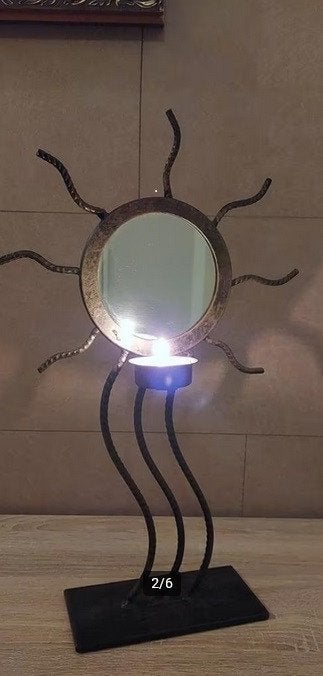 Waxinelichthouder (zonnebloem). Met spiegel. Prijs bieden, Overige materialen, Waxinelichthouder, Ophalen of Verzenden, Zo goed als nieuw