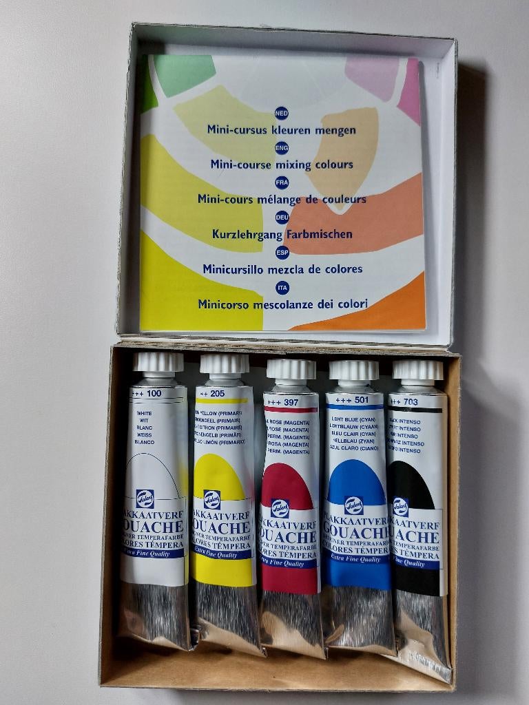 Talens, gouache plakkaatverf, 5 tubes, Hobby en Vrije tijd, Schilderen, Ophalen of Verzenden, Zo goed als nieuw, Waterverf