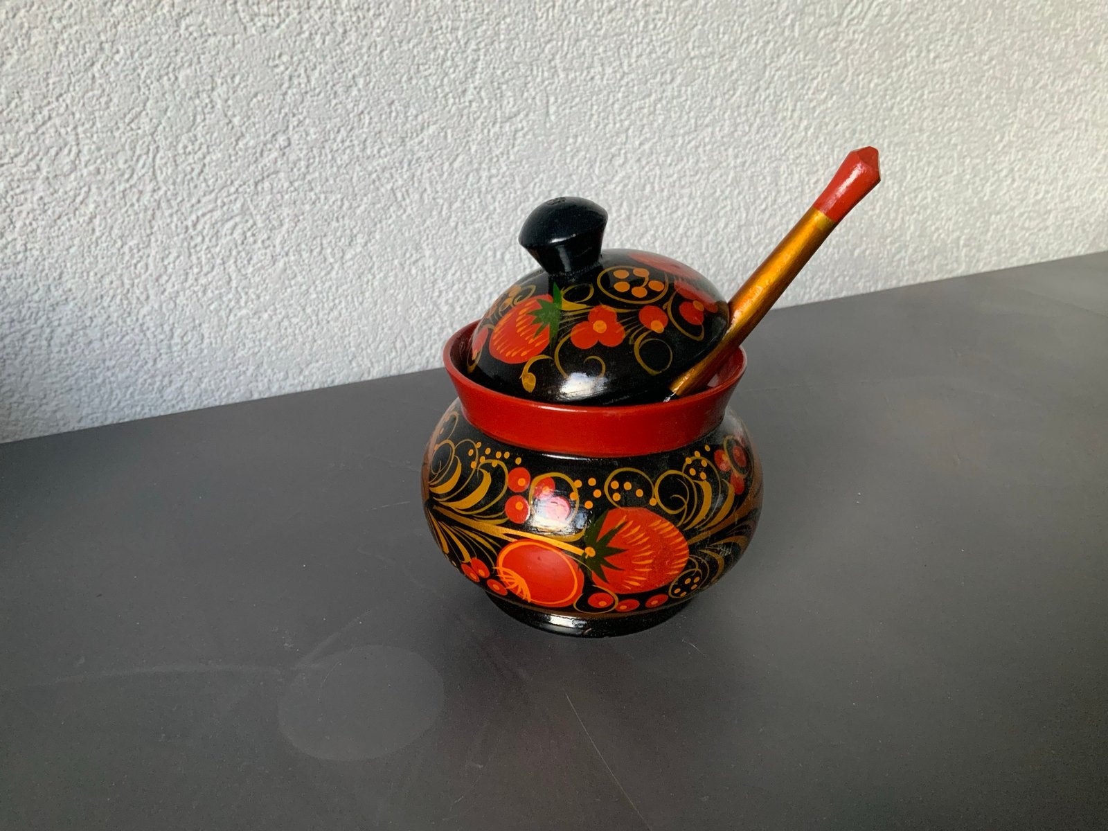 Vintage Russische Khokhloma Houten Pot met Lepel, Ophalen of Verzenden