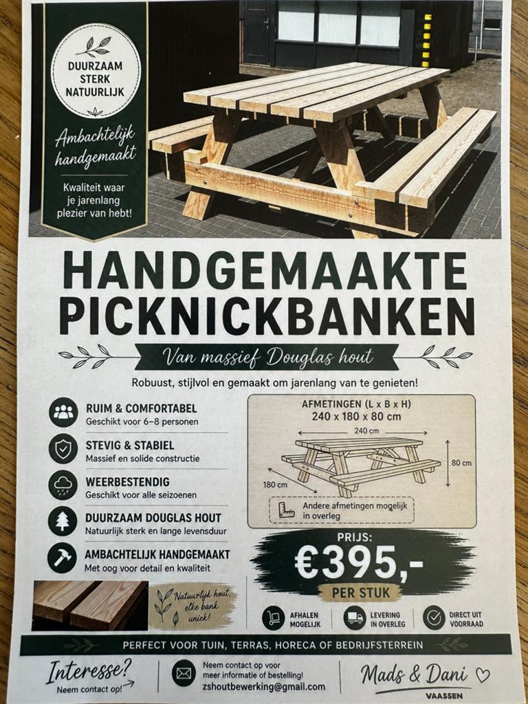 Degelijke douglas picknicktafels, Ophalen, Zo goed als nieuw, Rechthoekig, Hout
