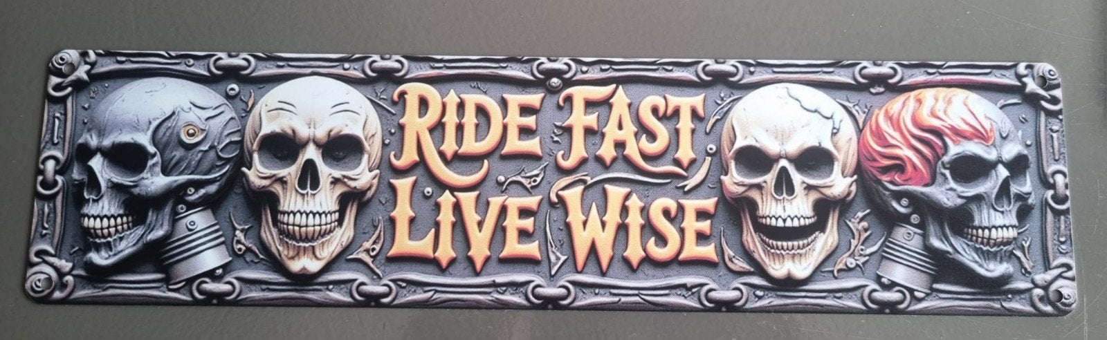 Metalen Wandbord Skulls "Ride Fast Live Wise", Metaal, Industrieel, Meerkleurig, Nieuw