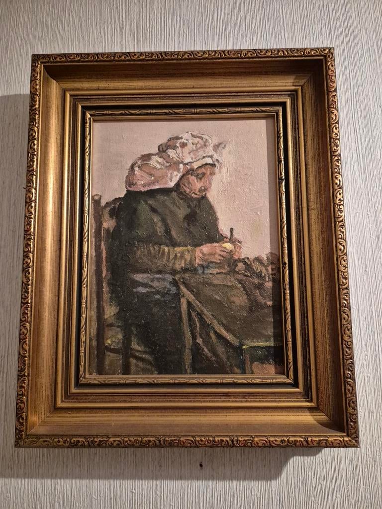 Oud Vrouwtje Aardappels Schillend - Schilderij van Amateur, Antiek en Kunst, Kunst | Schilderijen | Klassiek, Ophalen
