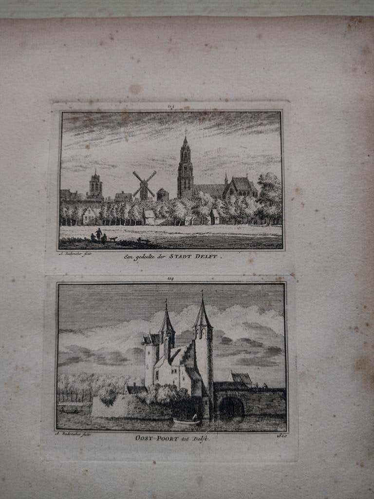 113-114 Delft de Oostpoort Kopergravure dl 3 18e Eeuw, Antiek en Kunst, Kunst | Etsen en Gravures, Ophalen of Verzenden