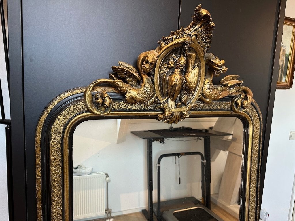Antieke kuifspiegel met draak ornamenten, Ophalen, Gebruikt, 75 tot 100 cm, 150 tot 200 cm