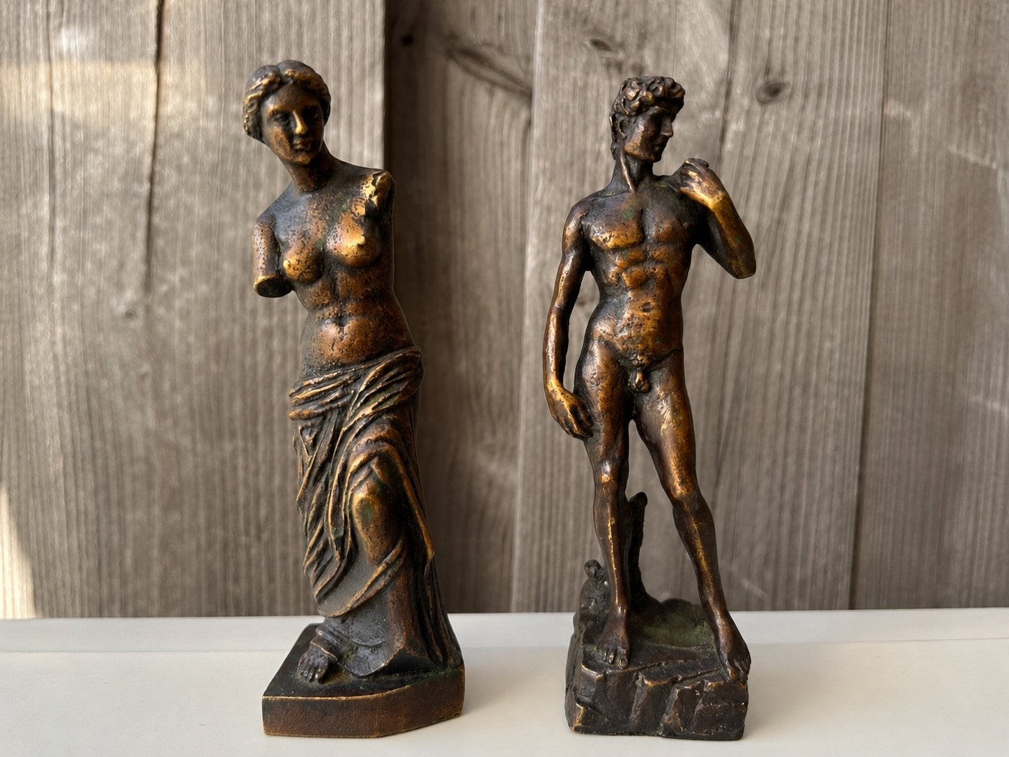 Bronzen reproductie Venus van Milo & David (14 cm), Minder dan 20 cm, Ophalen of Verzenden, Beeld, Bruin