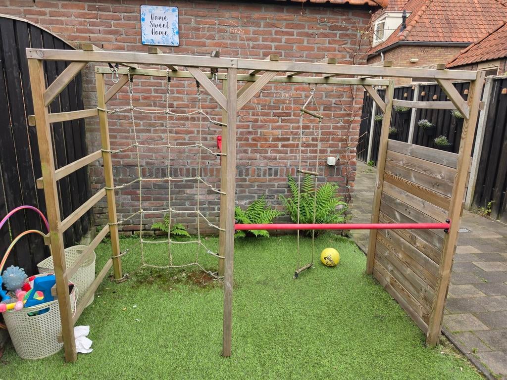Houten Klimrek met Klimnet, duikelrek en klimwand., Ophalen, Gebruikt, Klimnet