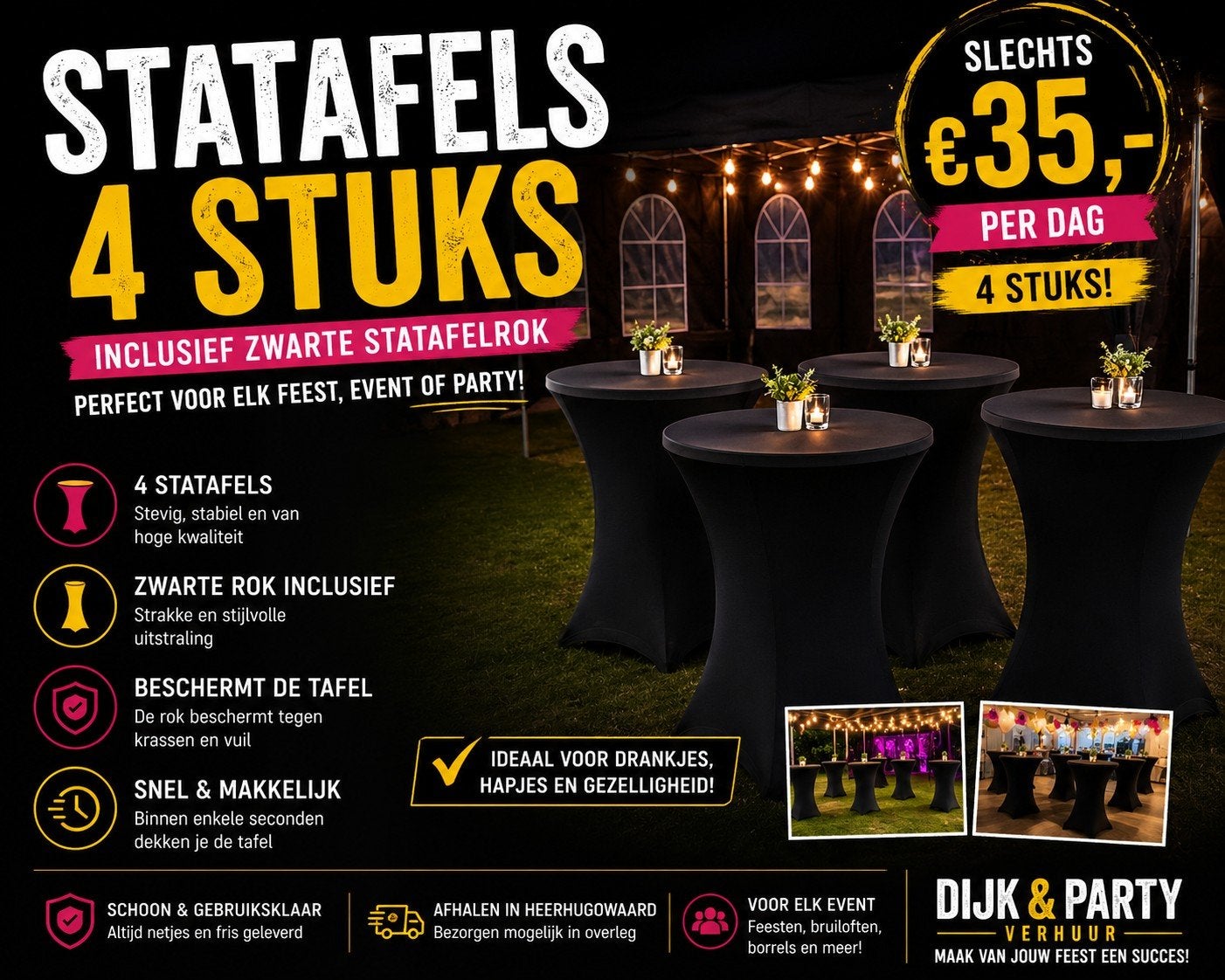 4 Statafels met Zwarte Rok te Huur – Heerhugowaard, Huis en Inrichting, Tafels | Statafels, Ophalen of Verzenden