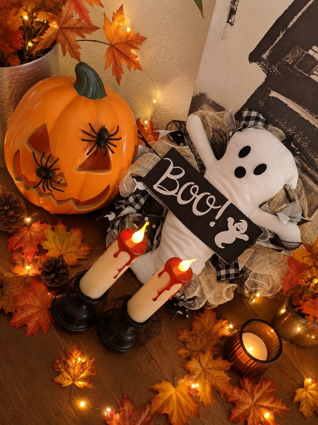 Halloween Decoratie Set: Pompoen, Kaarsen & Spook Krans, Meerkleurig, Overige stijlen, Nieuw, Kunststof