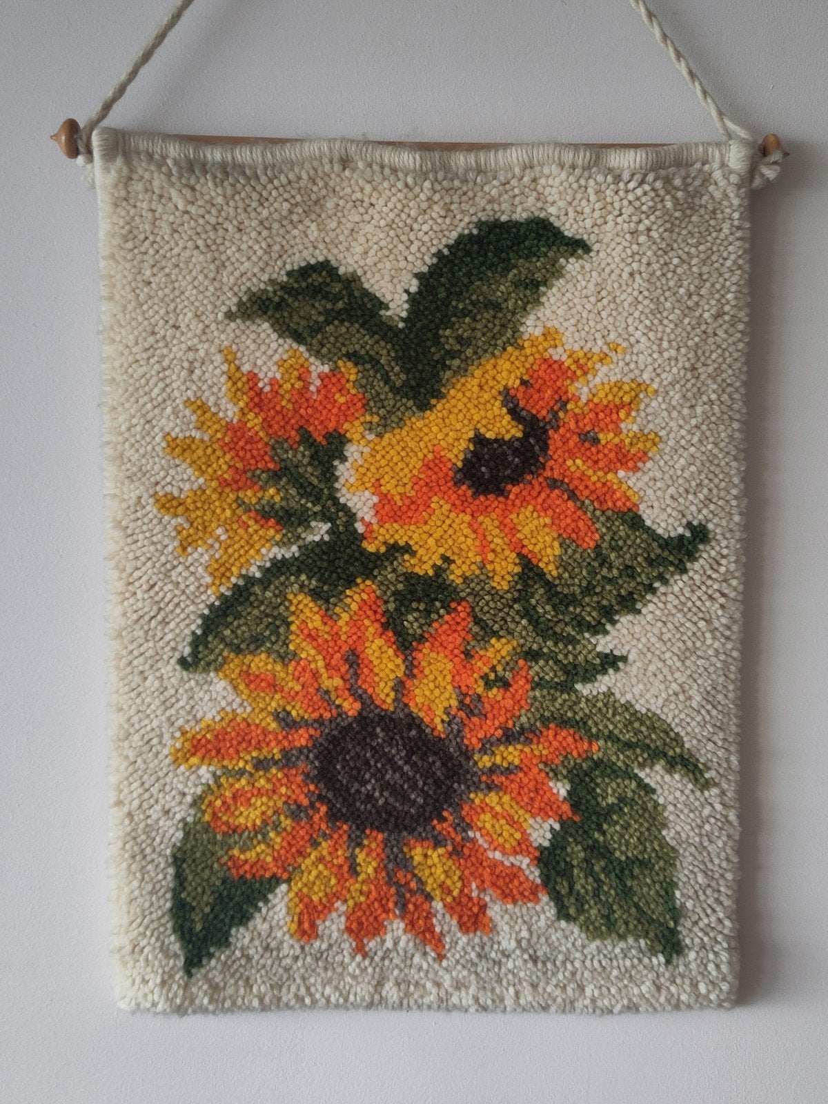 Vintage Smyrna kleed wol zonnebloem wandkleed bloemen, Gebruikt, 68 cm, ., Geel